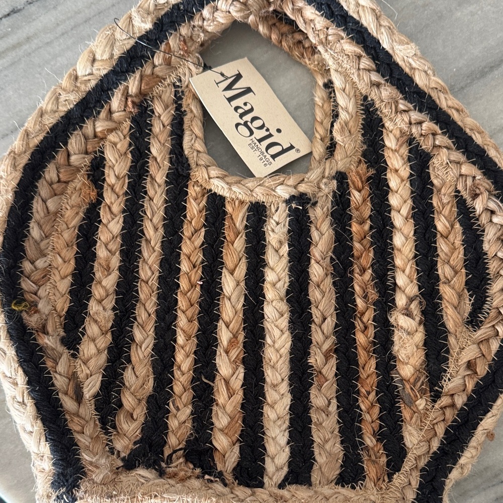 Striped Woven Jute Mini Tote Coastal Beach Bag Neutral Straw Boho